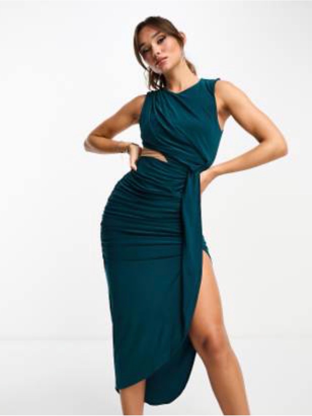 ASOS Teal High-Low Ruched Cutout Midi Dress